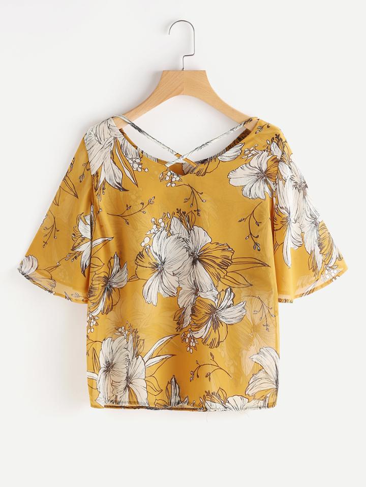 Shein Random Florals Crisscross Blouse