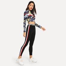 Shein Zip Front Camo Tee & Striped Leggings Set