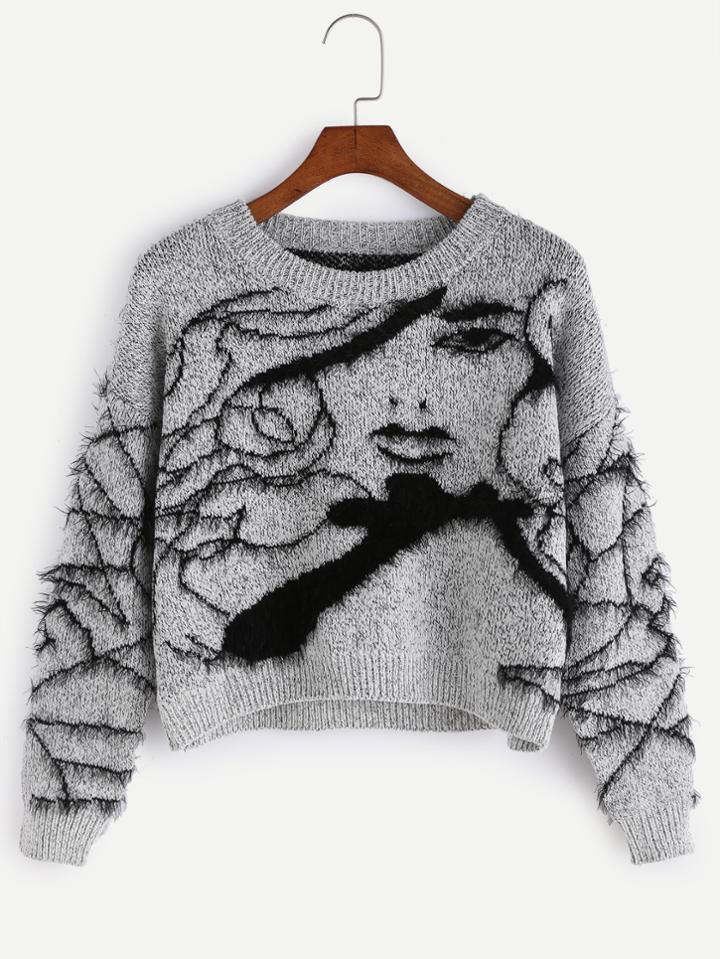 Shein Grey Avatar Pattern Fuzzy Sweater