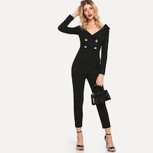 Shein Surplice Neck Double Breasted Form Fitting Jumpsuit