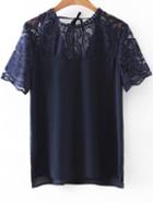 Shein Navy Lace Splice Split Side Tie Back T-shirt