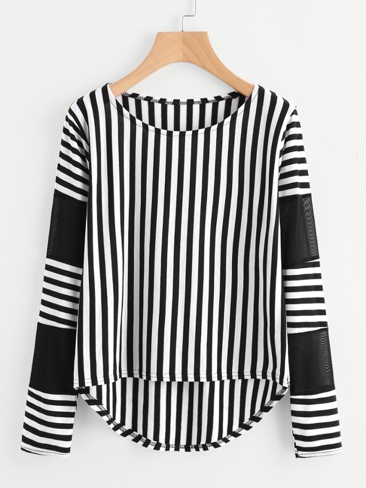 Shein Mesh Panel Contrast Striped Dip Hem Tee