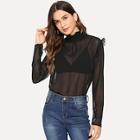 Shein Shirred Neck Frill Trim Sheer Top Without Bralette