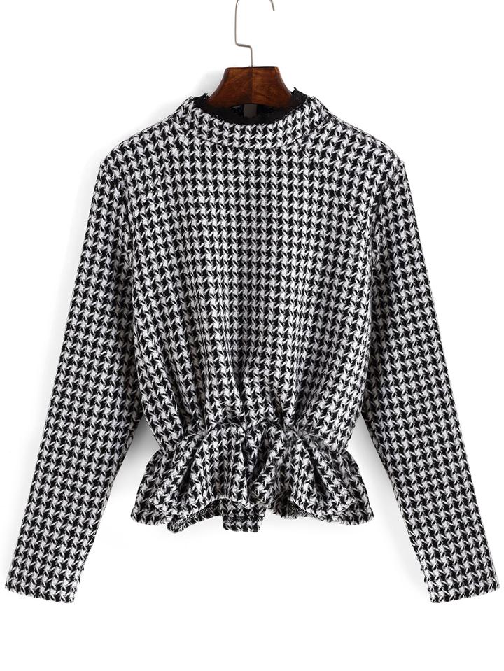 Shein Black White Stand Collar Houndstooth Ruffle Crop Top