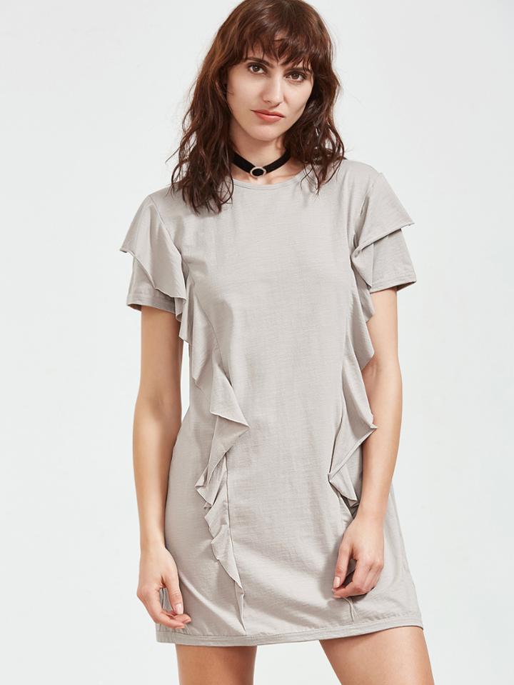 Shein Grey Ruffle Detail Short Sleeve Tee Dress