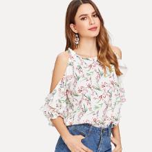 Shein Floral Print Open Shoulder Ruffle Blouse
