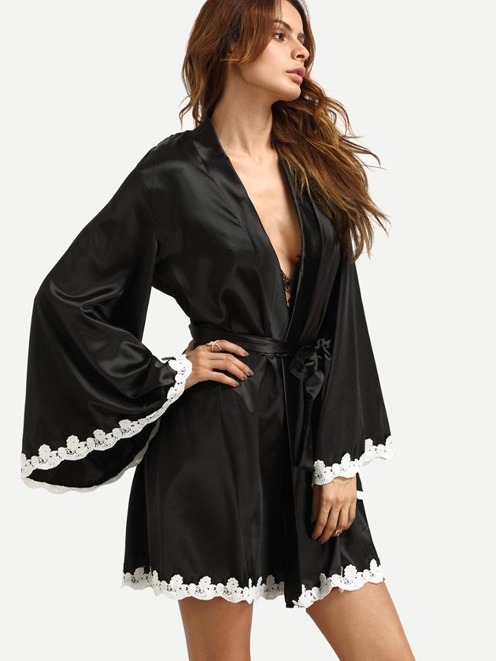 Shein Crochet Trimmed Self Tie Kimono Robe