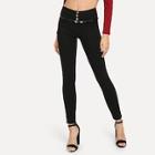Shein Button Detail Belted Solid Skinny Pants