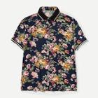 Shein Men Floral Print Striped Trim Polo Shirt