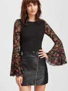 Shein Black Floral Lace Bell Sleeve Ribbed Top