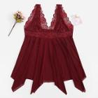 Shein Plus Scalloped Trim Contrast Lace Asymmetrical Dress With Thong