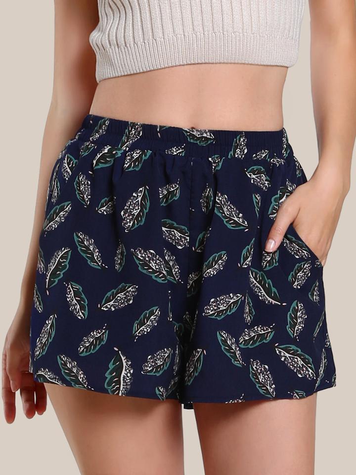 Shein Slanted Pocket Leaf Print Shorts