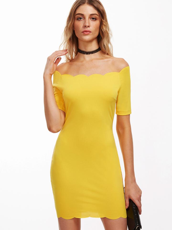 Shein Yellow Scallop Trim Off The Shoulder Bodycon Dress