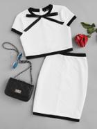 Shein Contrast Trim Bow Neck Textured Top & Skirt Co-ord