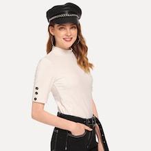 Shein Mock Neck Button Detail Ribbed Tee