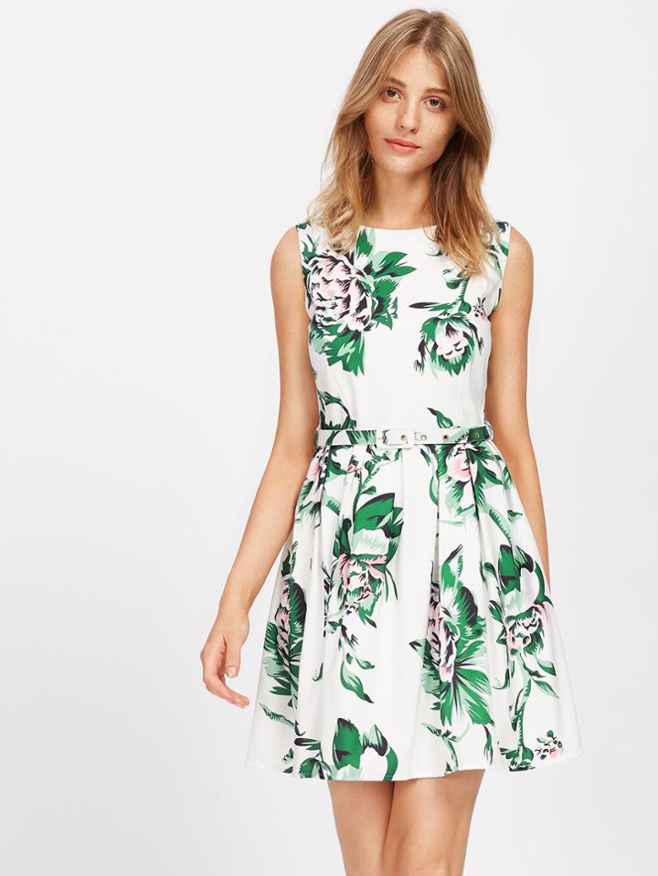 Shein Flower Print Swing Dress With Belt