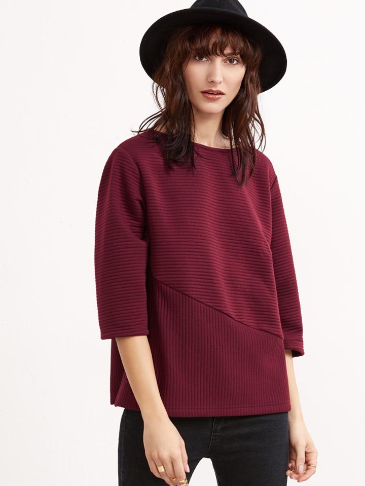 Shein Burgundy 3/4 Sleeve Cut And Sew Ribbed Sweatshirt