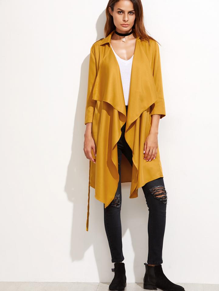 Shein Yellow Waterfall Collar Belted Coat