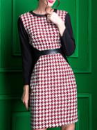 Shein Red Contrast Pu Houndstooth Sheath Dress