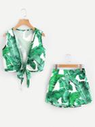 Shein Palm Leaf Print Knotted Hem Tank Top With Shorts