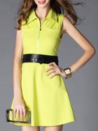 Shein Yellow Lapel Sleeveless Zipper Drawstring Dress