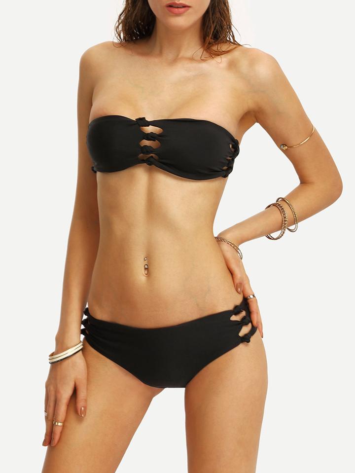 Shein Knotted Ladder-cutout Bandeau Bikini Set - Black