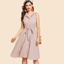 Shein Notch Collar Belted Pinstripe Shirt Dress