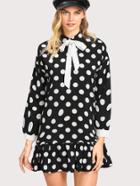 Shein Bow Tie Neck Pep Hem Spot Dress