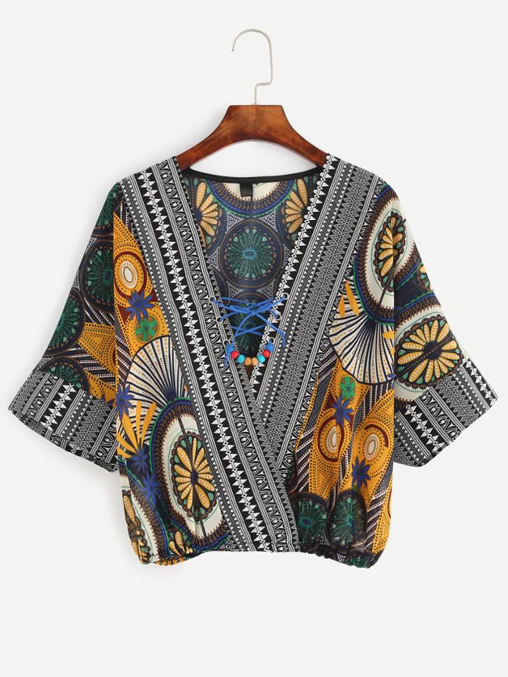 Shein Multicolor Tribal Print Lace Up Surplice Front Blouse