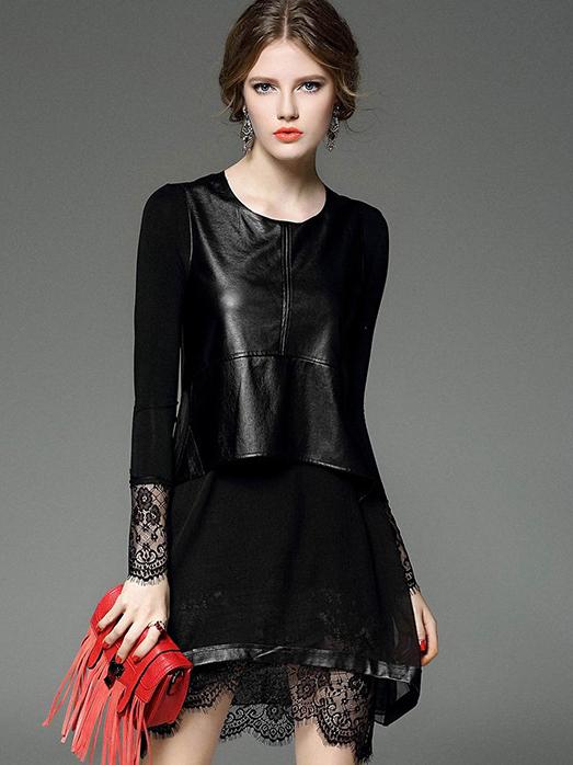 Shein Black Round Neck Long Sleeve Contrast Pu Dress