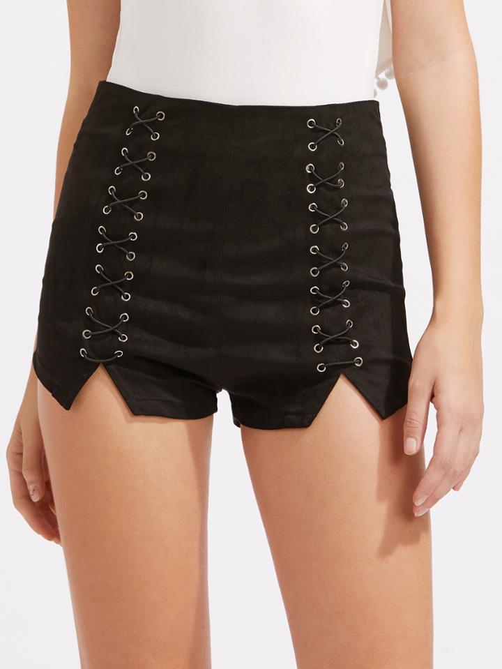 Shein Eyelet Criss Cross V Notch Suede Shorts