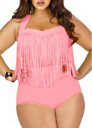 Rosewe Solid Pink Tassels Embellishment Woman Swimwear