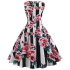 Shein 50s Floral And Striped Print Flared Dress