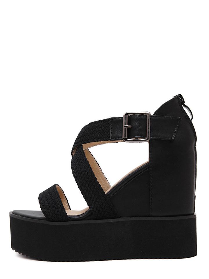 Shein Black Open Toe Platform Wedge Sandals