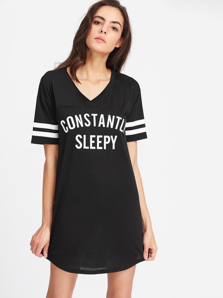 Shein Varsity Striped Print V Neckline Curved Hem Tee Dress