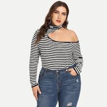Shein Plus Striped Asymmetrical Neck Tee