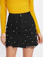 Shein Pearl Detail Ripped Raw Cut Hem Skirt