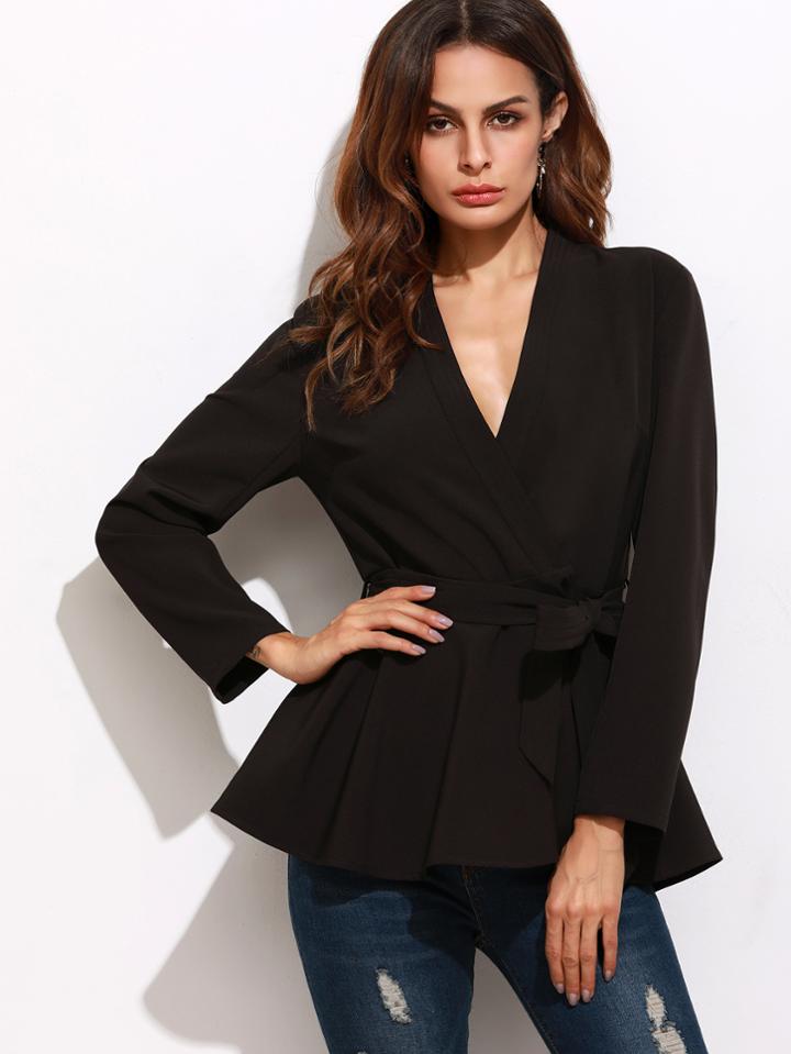 Shein Black Surplice Wrap Peplum Blazer