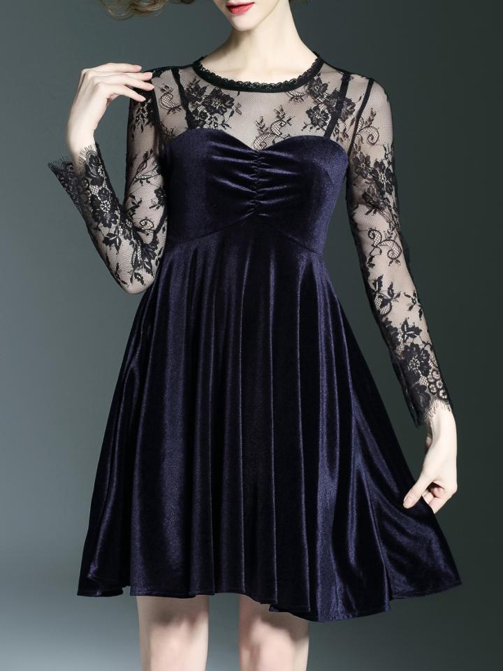 Shein Black Contrast Lace Velvet Dress