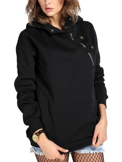 Shein Hooded Zipper Pockets Black Sweatshirt