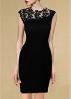 Rosewe Hollow Design Sleeveless Lace Splicing Black Sheath Dress