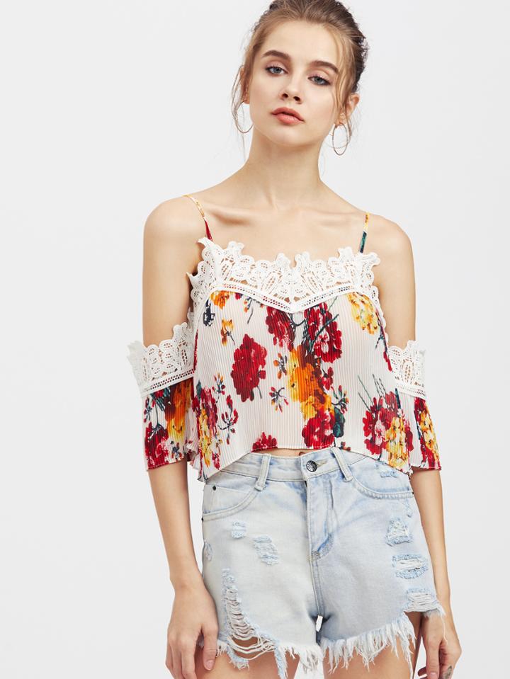 Shein Lace Trim Cold Shoulder Pleated Floral Top
