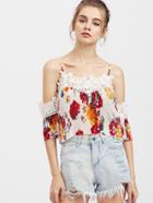 Shein Lace Trim Cold Shoulder Pleated Floral Top