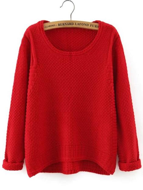 Shein Red Round Neck Dip Hem Loose Sweater