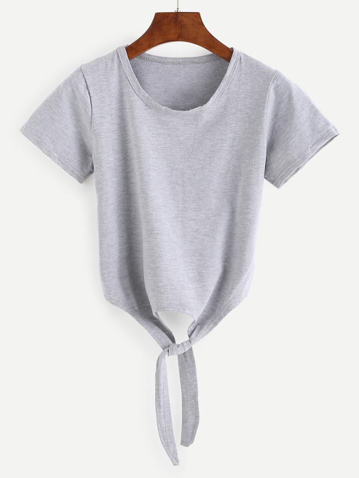 Shein Tie Front Crop T-shirt - Grey
