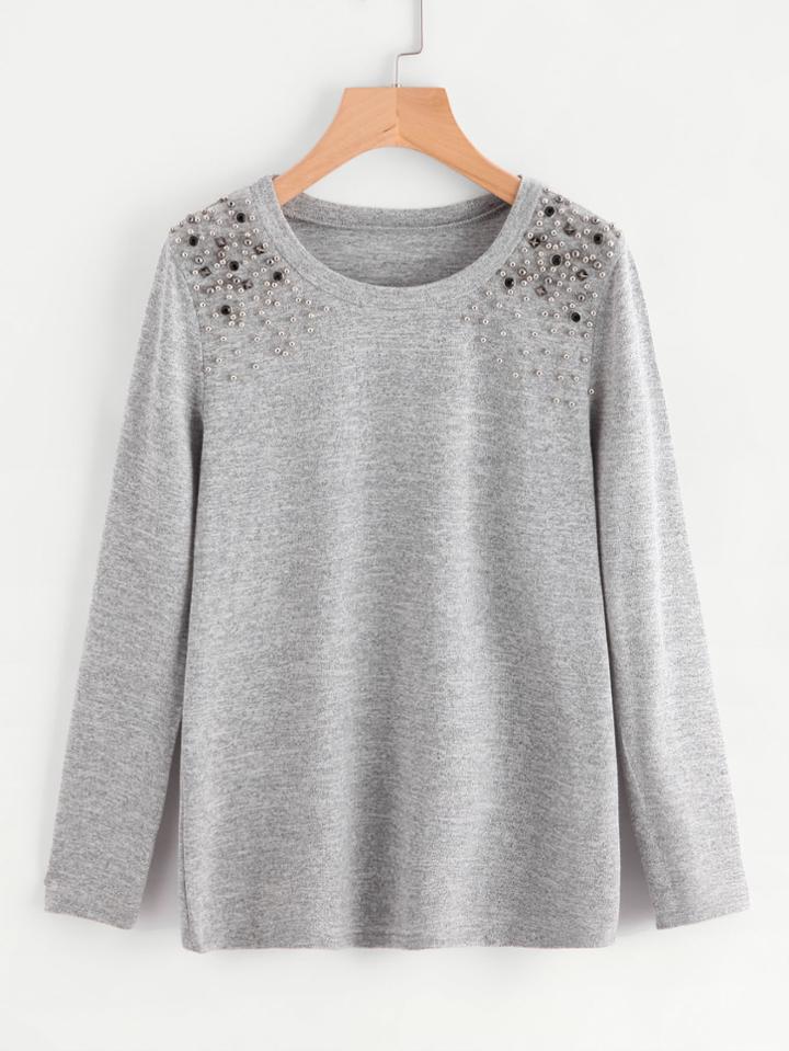 Shein Studs Beading Detail Marled Tshirt