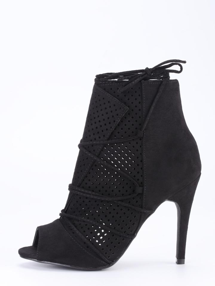 Shein Laser-cut Lace-up Peep Toe Heels - Black