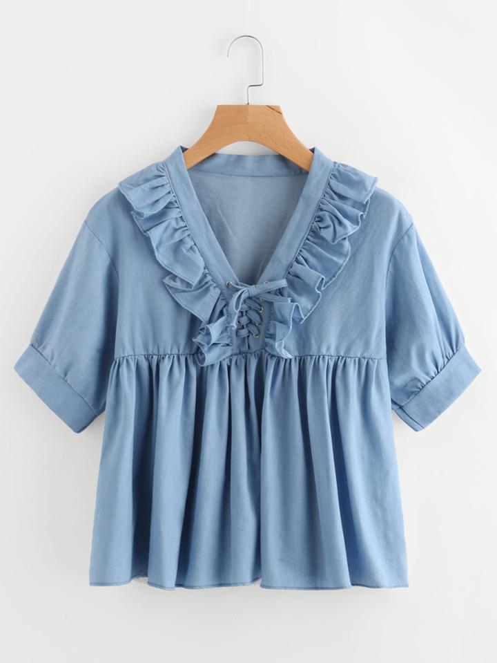 Shein V-neckline Lace Up Frill Trim Chambray Blouse