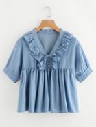 Shein V-neckline Lace Up Frill Trim Chambray Blouse