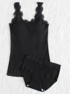 Shein Lace Trim Ribbed Vest With Panty